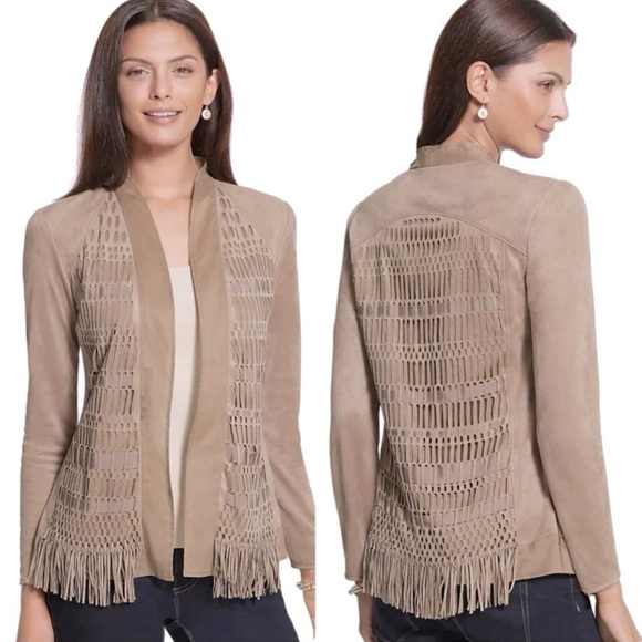 Chicos Faux Suede Fringed Boho Jacket Size 3 - Picture 6 of 14